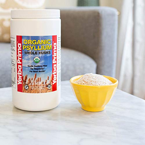 Yerba Prima psyllium packaging shows non-GMO and vegan-friendly notes