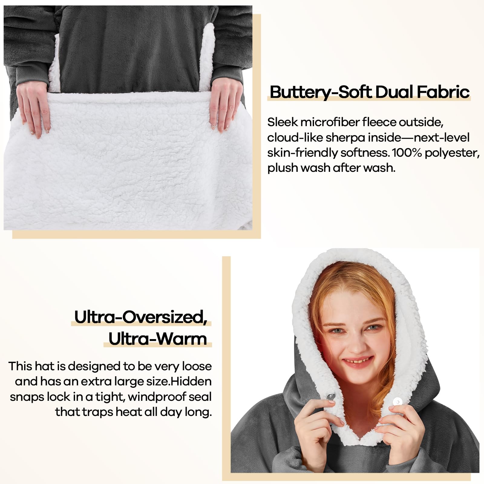 Yescool oversized grey wearable blanket hoodie with hood up for snuggling warmth