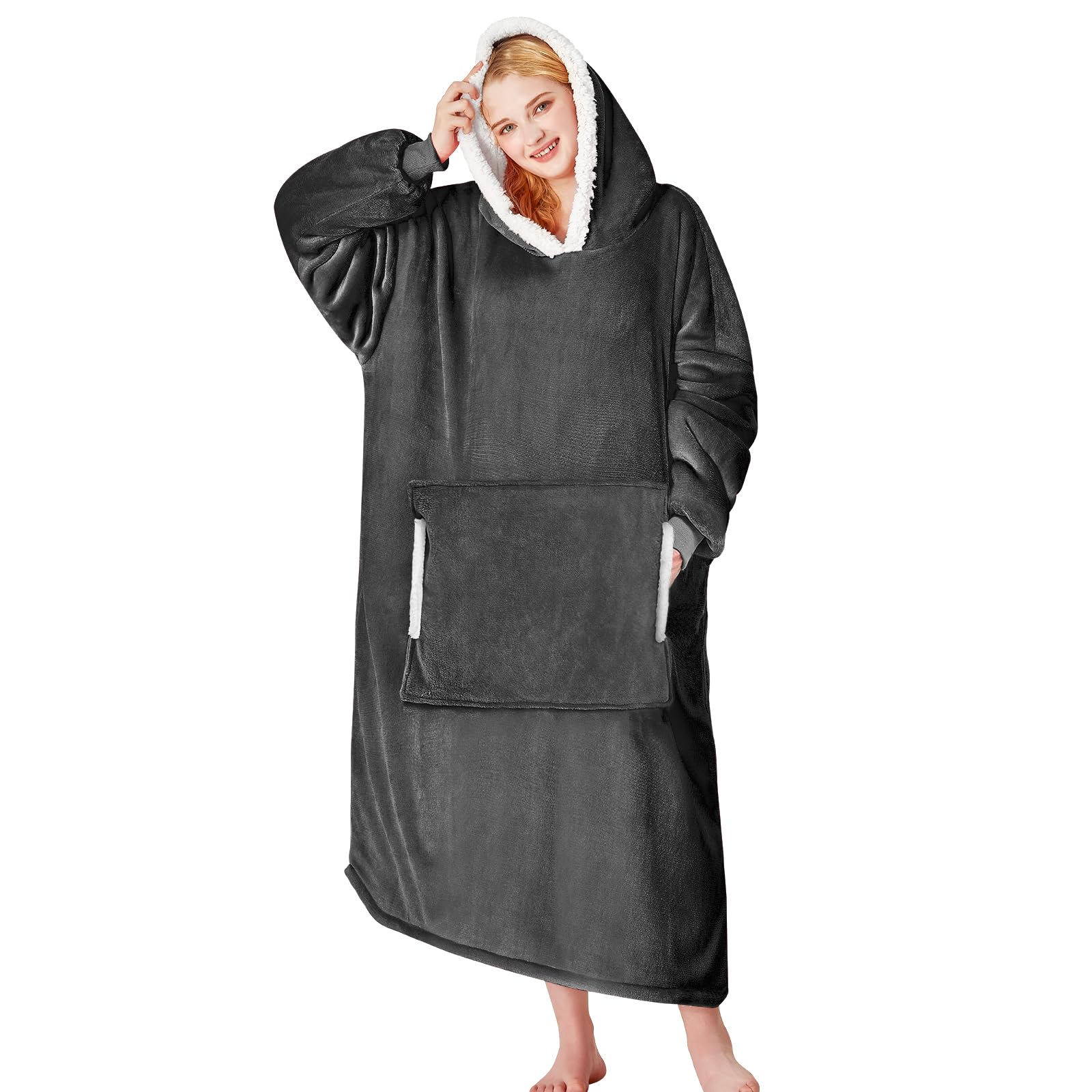 Yescool wearable blanket hoodie grey front view showing cozy warmth for relaxing at home