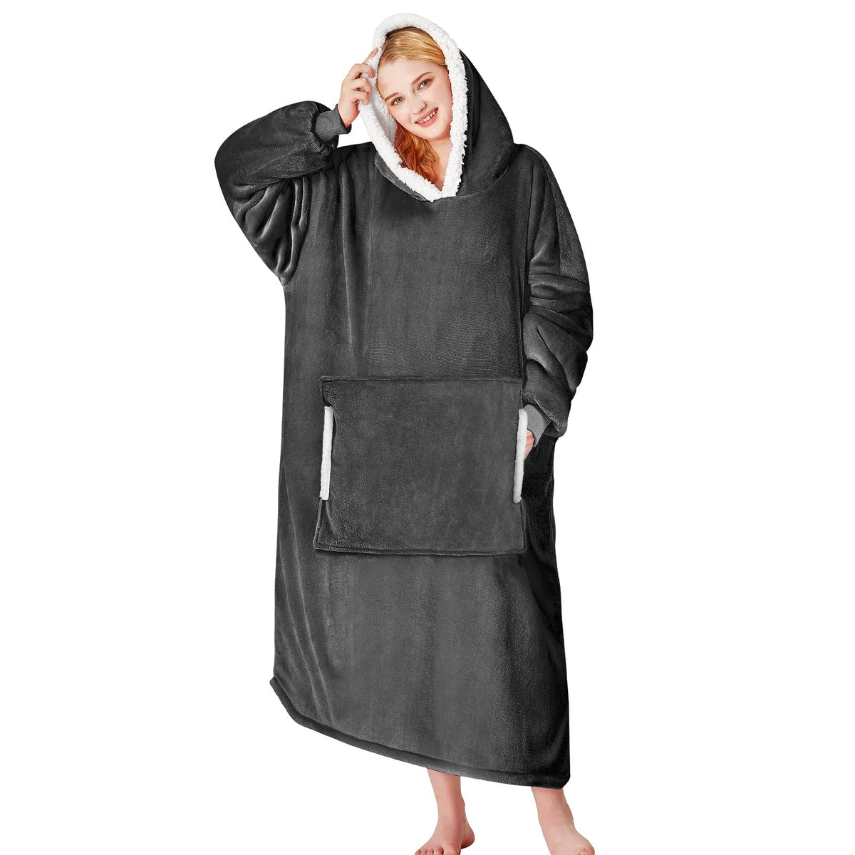 Yescool wearable blanket hoodie grey front view showing cozy warmth for relaxing at home
