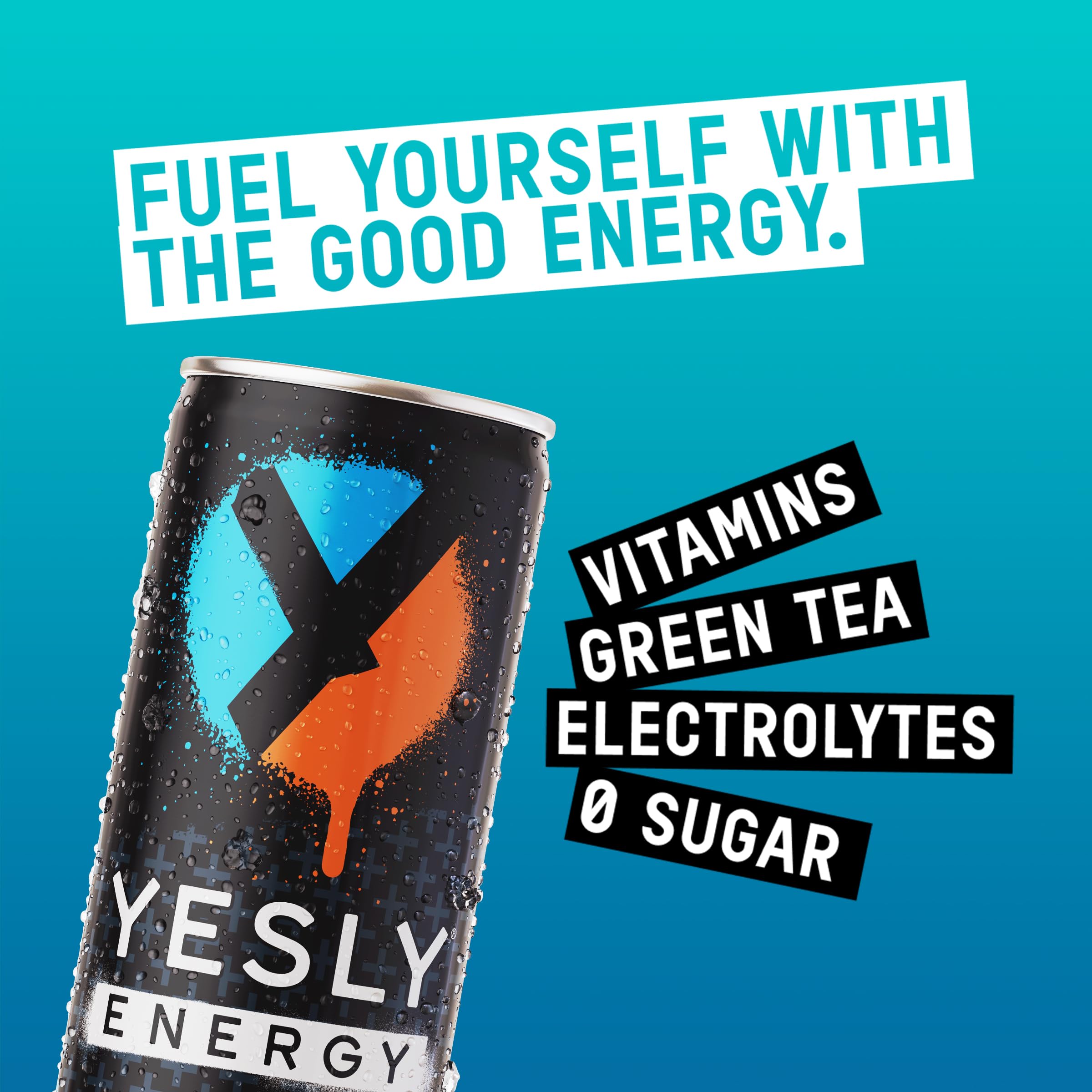 Yesly Energy close-up label highlighting natural caffeine source from green tea.