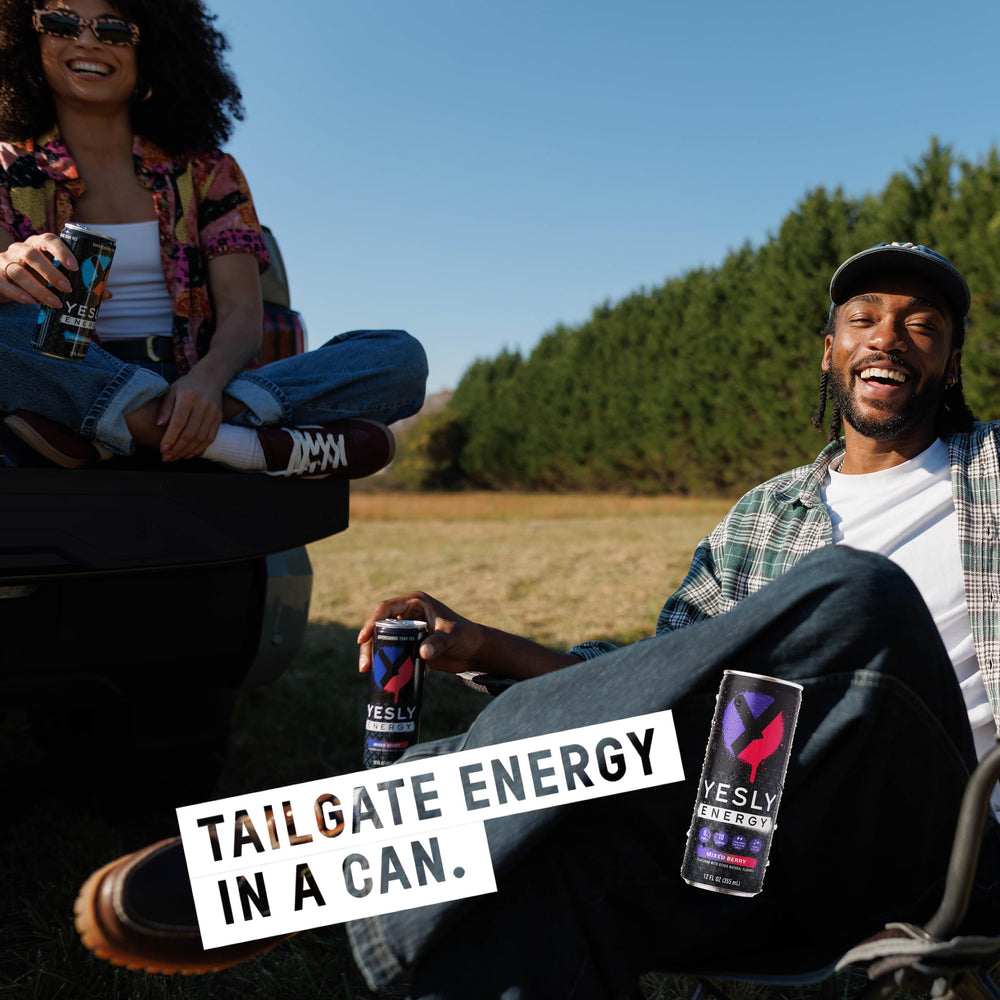 Yesly Energy mixed-berry chilled can in hand suggests on-the-go refreshment.