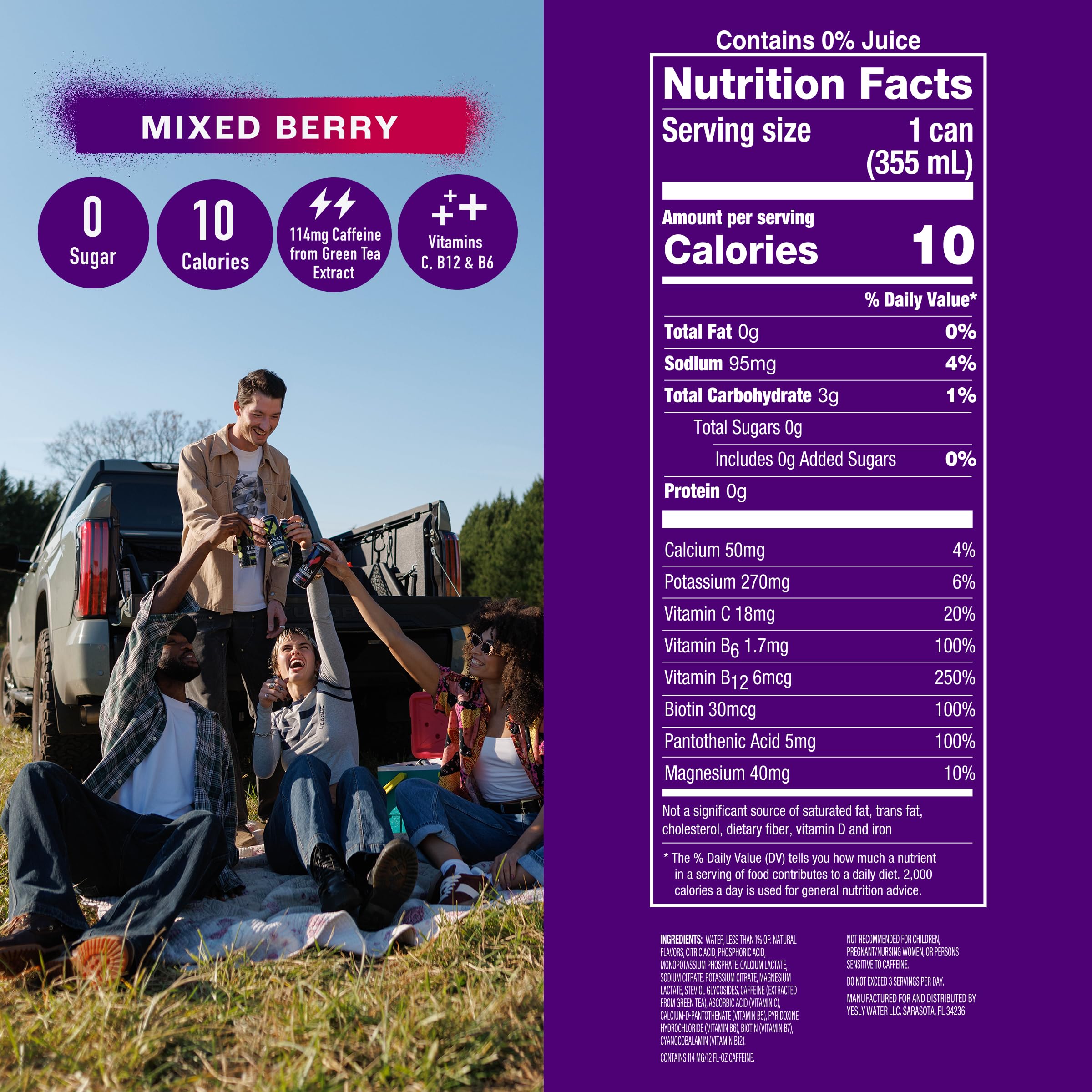 Yesly Energy mixed-berry pour into glass shows crisp flavor and steady lift.