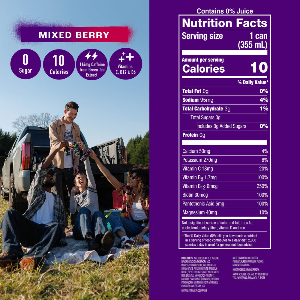 Yesly Energy mixed-berry pour into glass shows crisp flavor and steady lift.