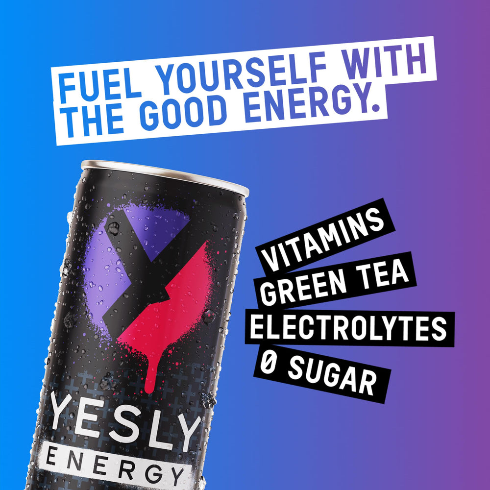 Yesly Energy mixed-berry store display communicates easy grab-and-go hydration.