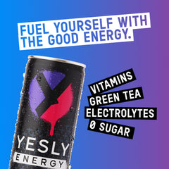 Yesly Energy mixed-berry store display communicates easy grab-and-go hydration.
