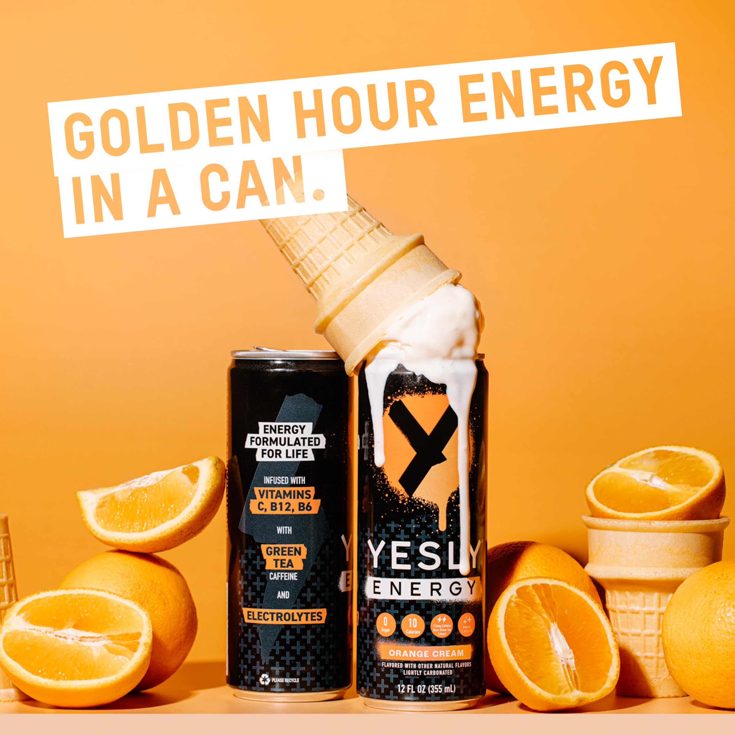 Yesly Energy Orange Cream ingredient card emphasizing zero sugar and stevia