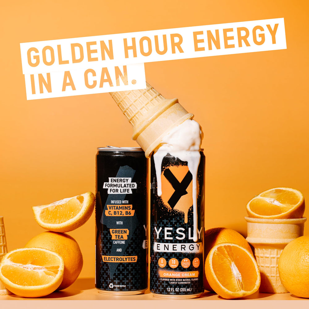 Yesly Energy Orange Cream ingredient card emphasizing zero sugar and stevia