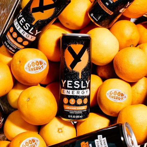 Yesly Energy Orange Cream bottle label highlighting electrolytes and vitamins