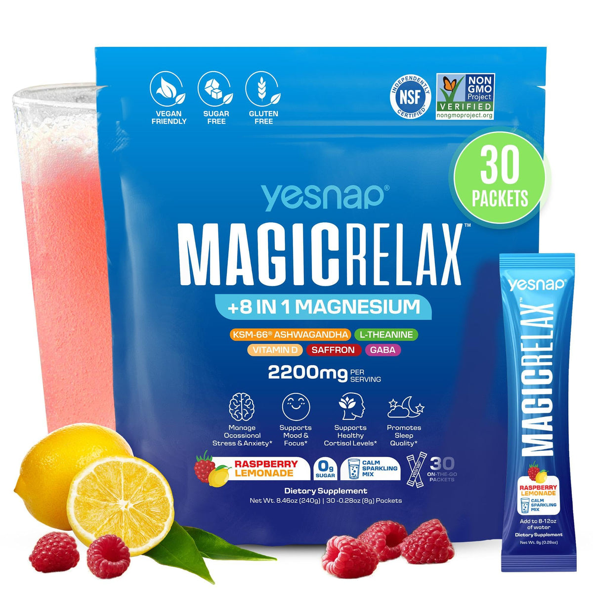 Yesnap MagicRelax bottle front highlighting the 8-in-1 magnesium blend for daily stress support.