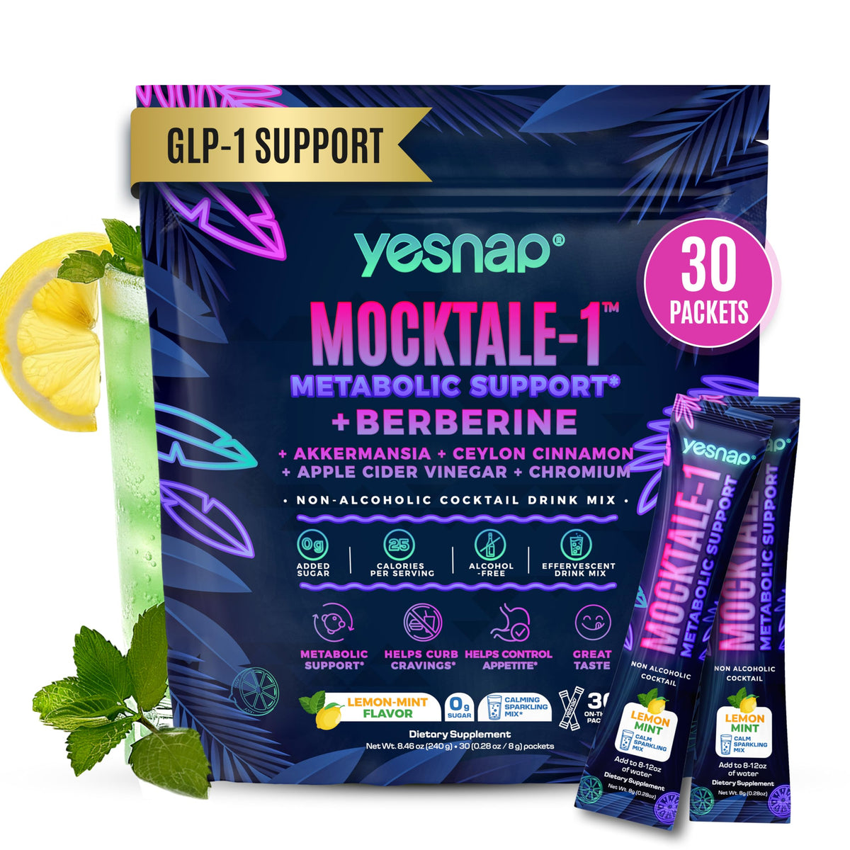 Yesnap MOCKTALE-1 bottle and packets for convenient daily metabolic support.