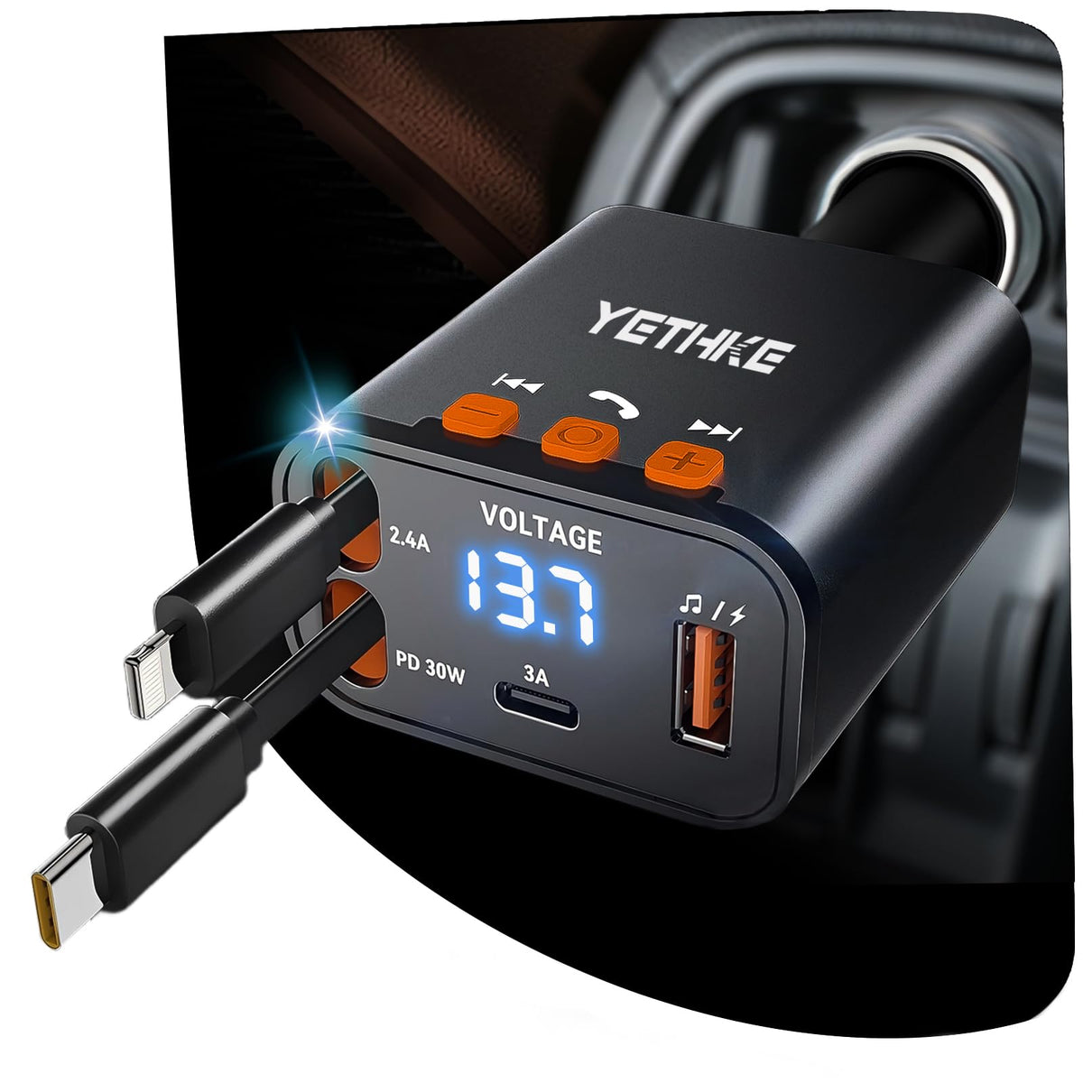 YETHKE Bluetooth car adapter with retractable charger, sleek 4-in-1 design.