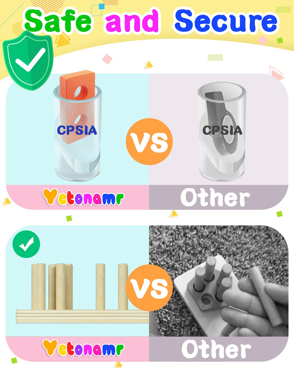 Yetonamr wooden finish highlights non-toxic, durable paint for daily play.