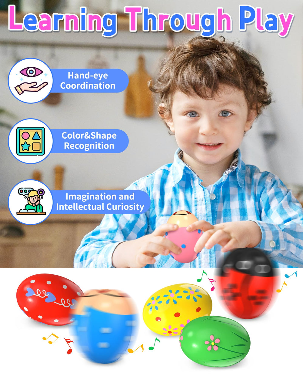 Yetonamr screen-free fun with wooden shaker eggs for musical exploration.