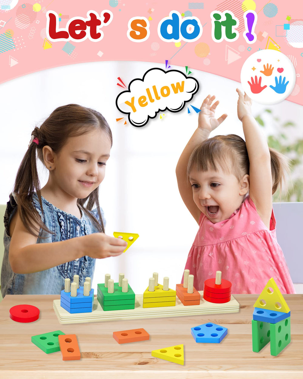 Yetonamr wooden blocks with colors promote color recognition during play.