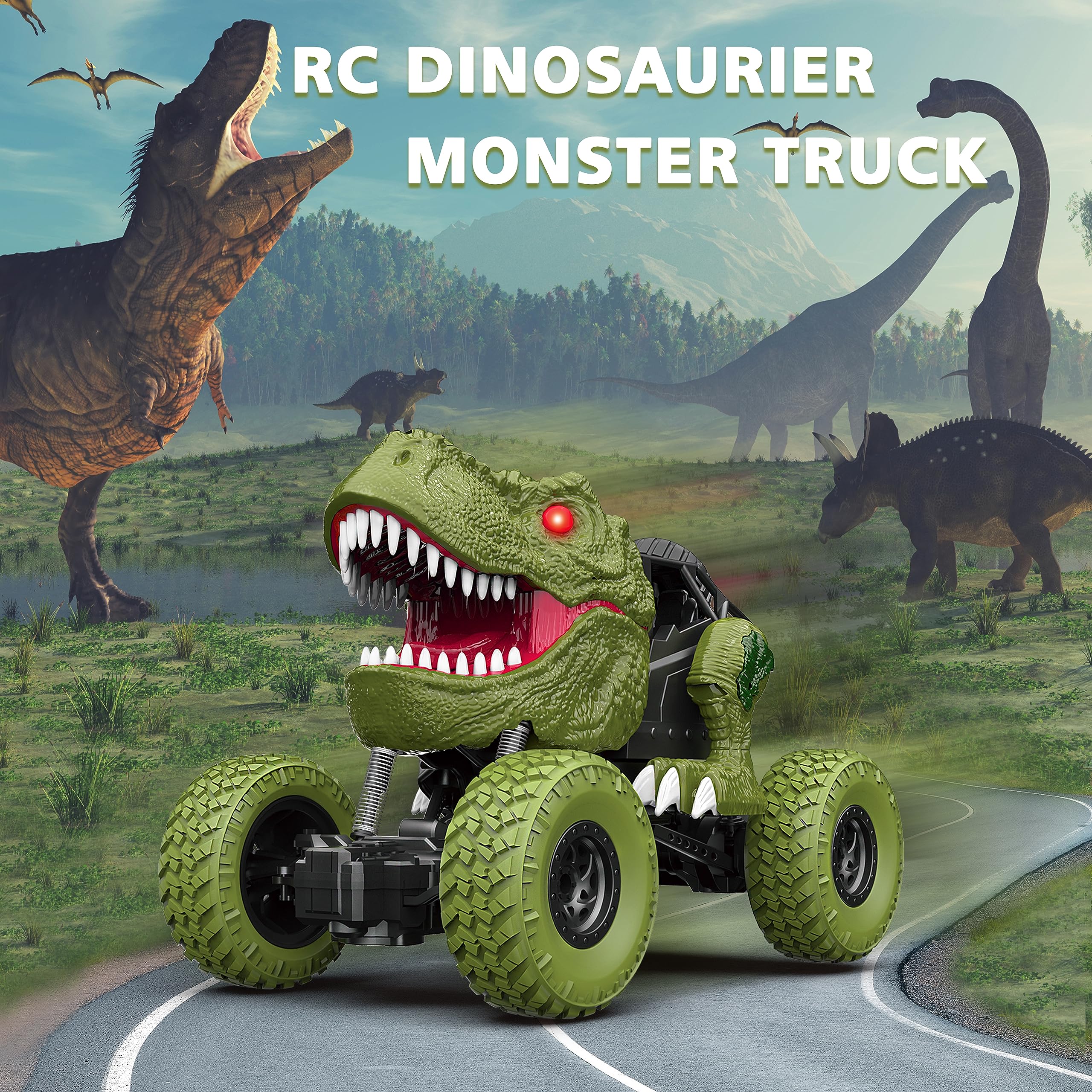 YEZI dino truck close-up highlights shockproof body for durable, safe play
