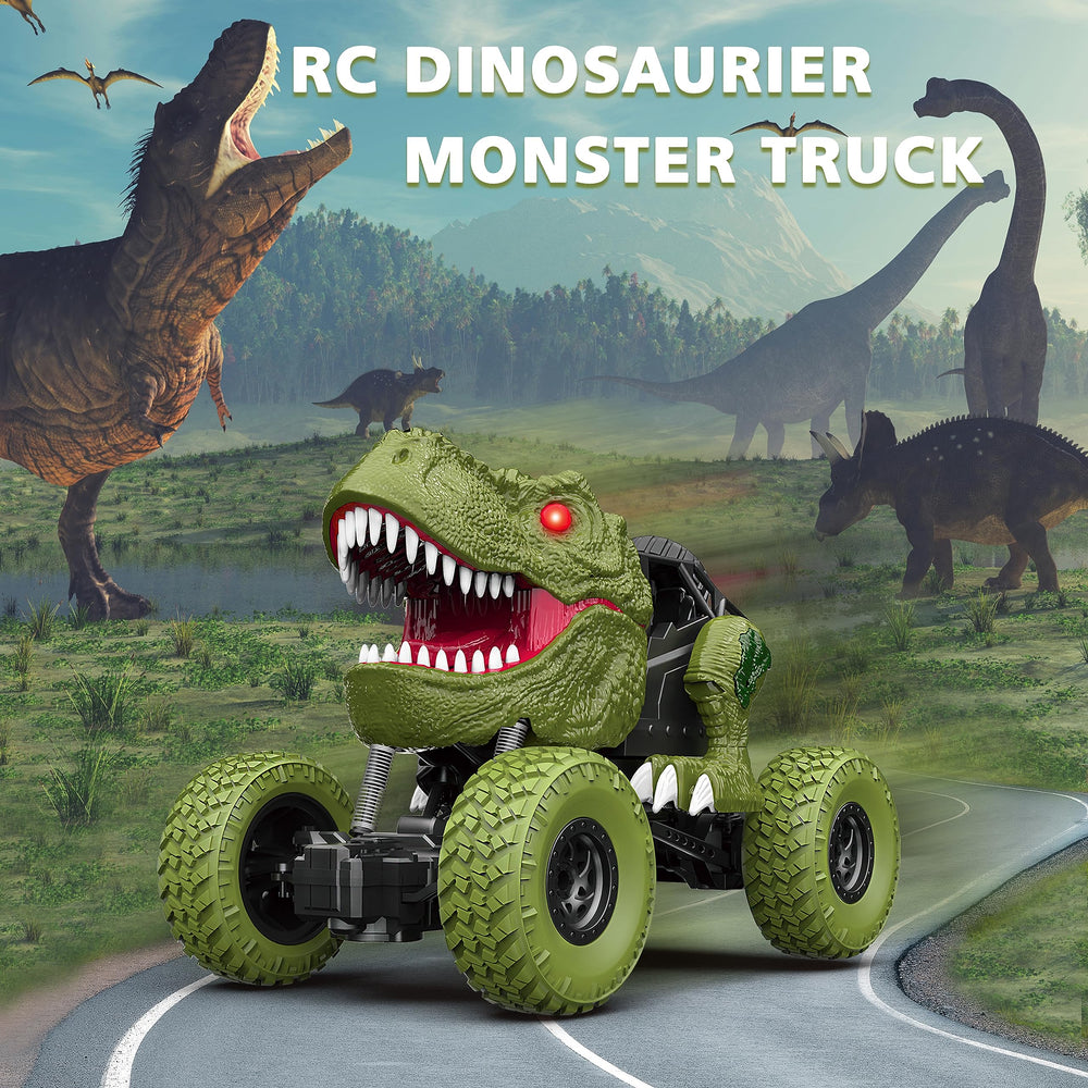 YEZI dino truck close-up highlights shockproof body for durable, safe play
