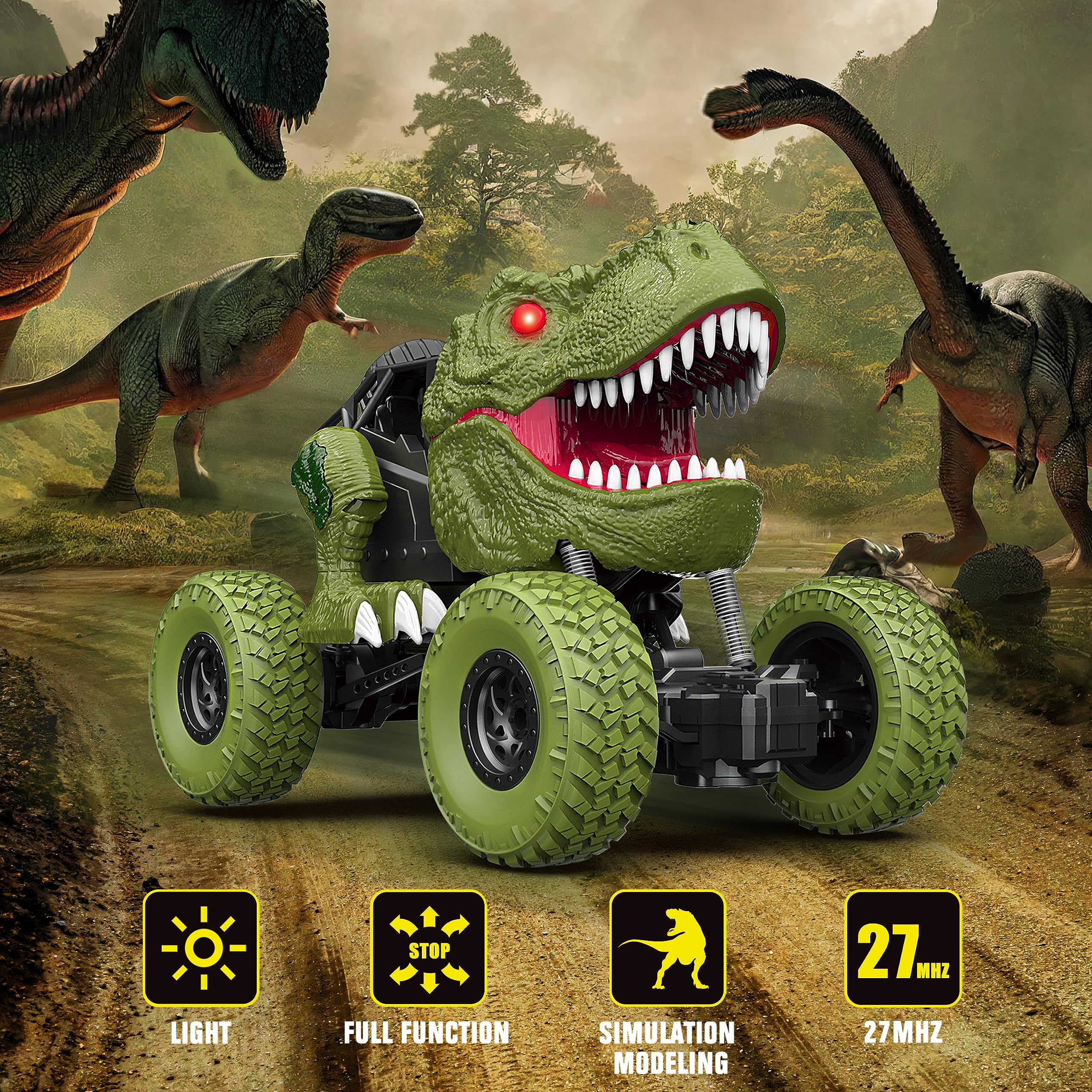 YEZI RC dinosaur truck side view shows a durable, kid-friendly body for rough play