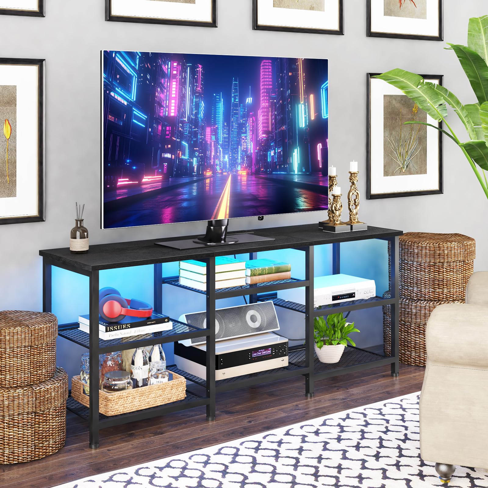 YGEOMER TV Stand sturdy construction supports equipment safely.