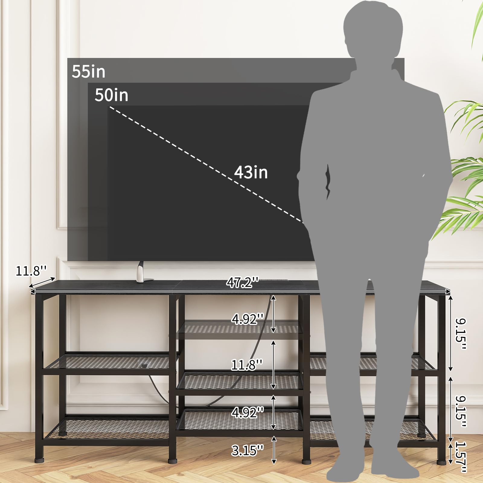 YGEOMER TV Stand open mesh shelves for organized gear.