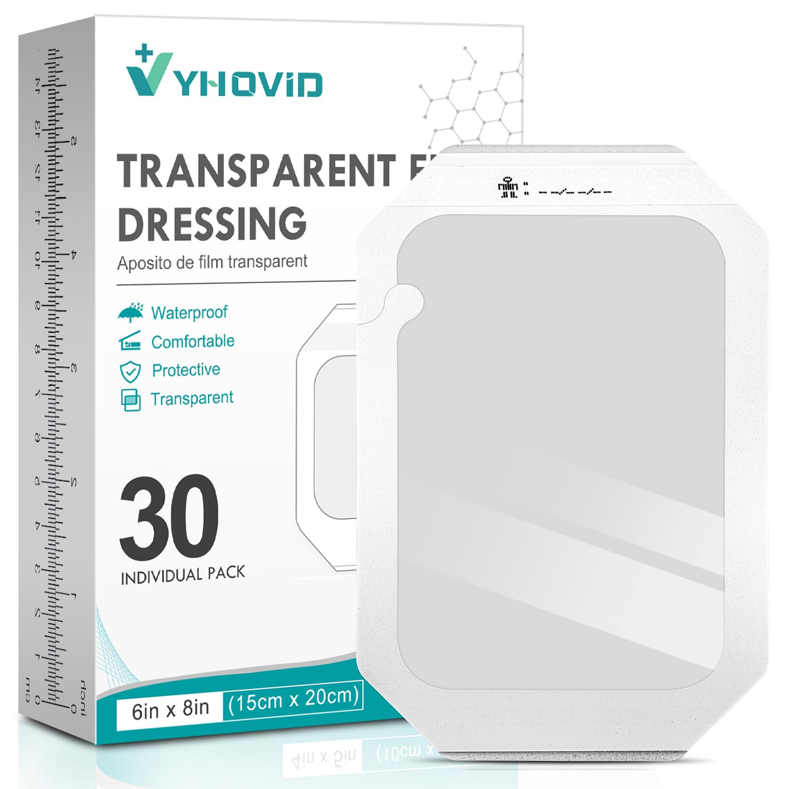 YHOVID transparent film dressing, 30-pack, for versatile wound coverage and easy observation.