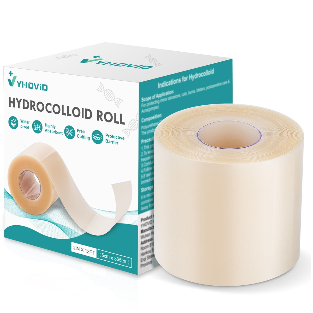 YHOVID hydrocolloid roll packaging shows latex-free, skin-friendly design for wound care