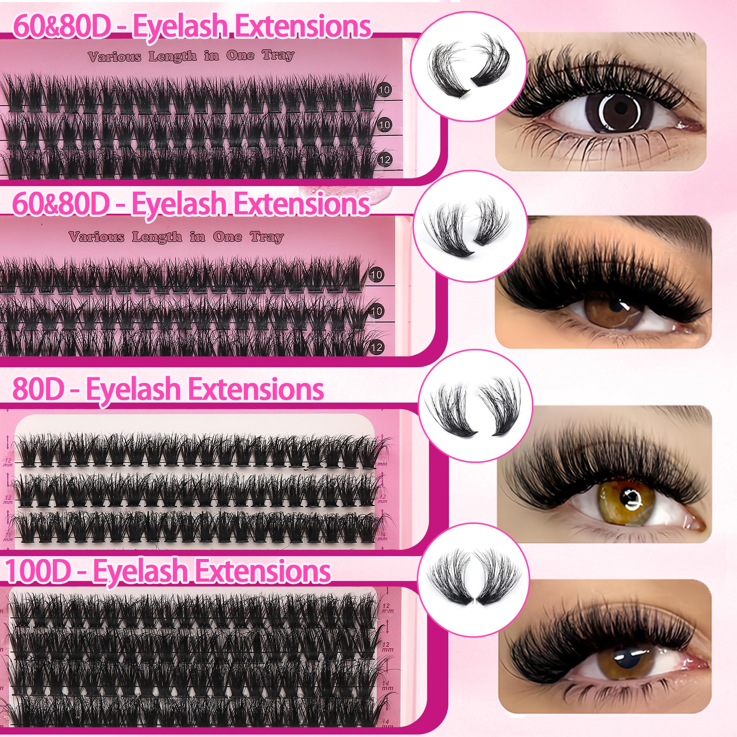 YIDUO 100D cluster lashes tray for dramatic wispy effects.