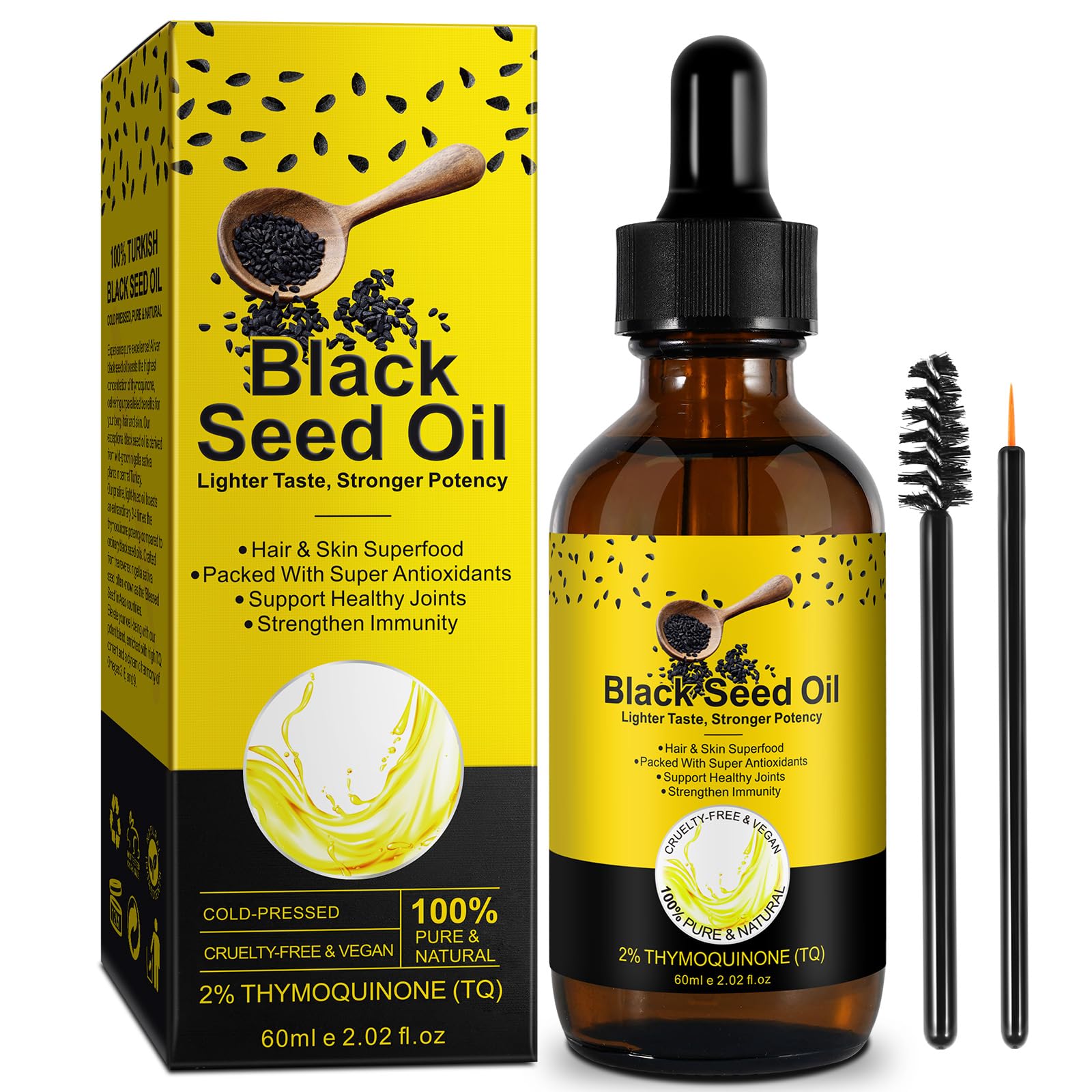 YIEEGCM Black Seed Oil amber bottle close-up, premium purity for skin and hair care.