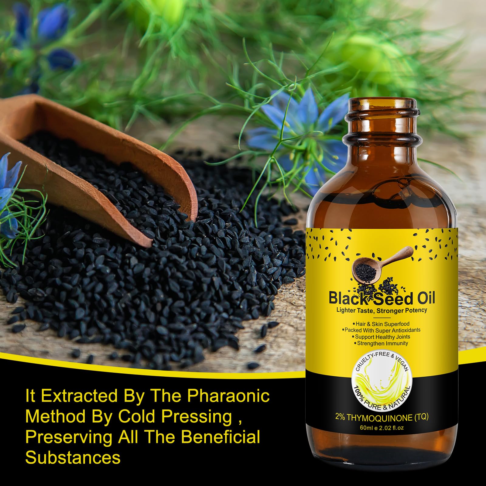 YIEEGCM Black Seed Oil glass bottle on neutral background for vegan care.