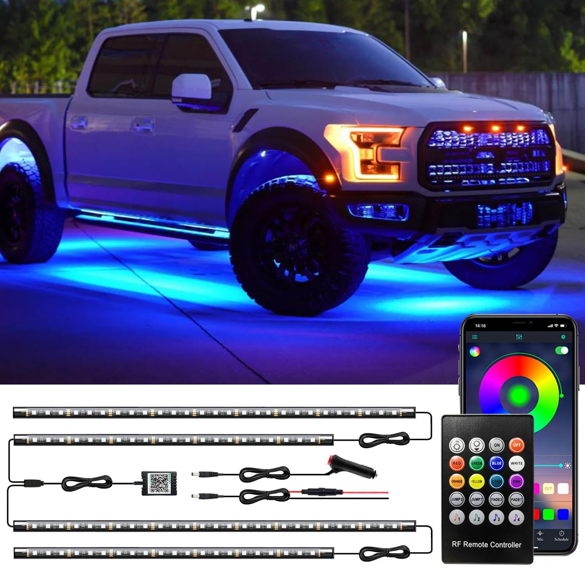 Yielinth underglow kit front view highlights vivid nighttime styling
