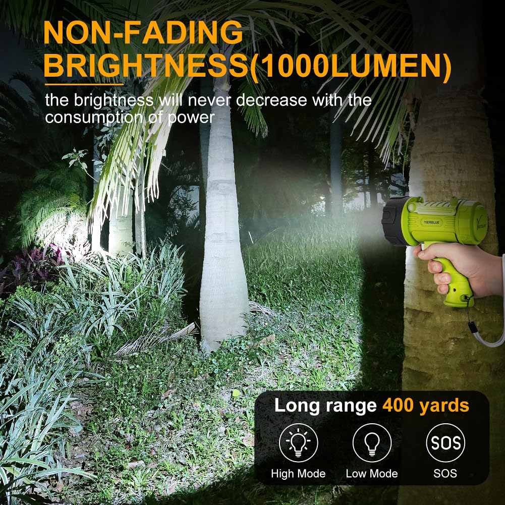 YIERBLUE handheld spotlight shows compact design ideal for portable outdoor lighting.