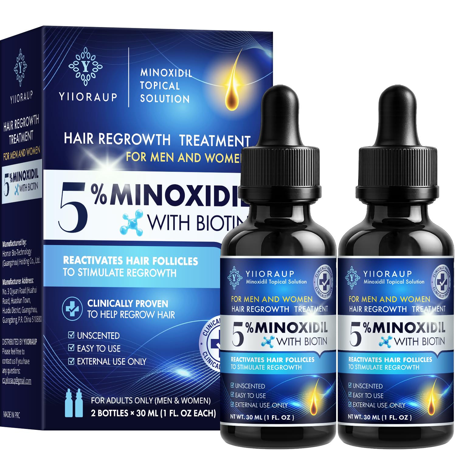 YIIORAUP Minoxidil 5% two-pack bottles ready for daily scalp treatment