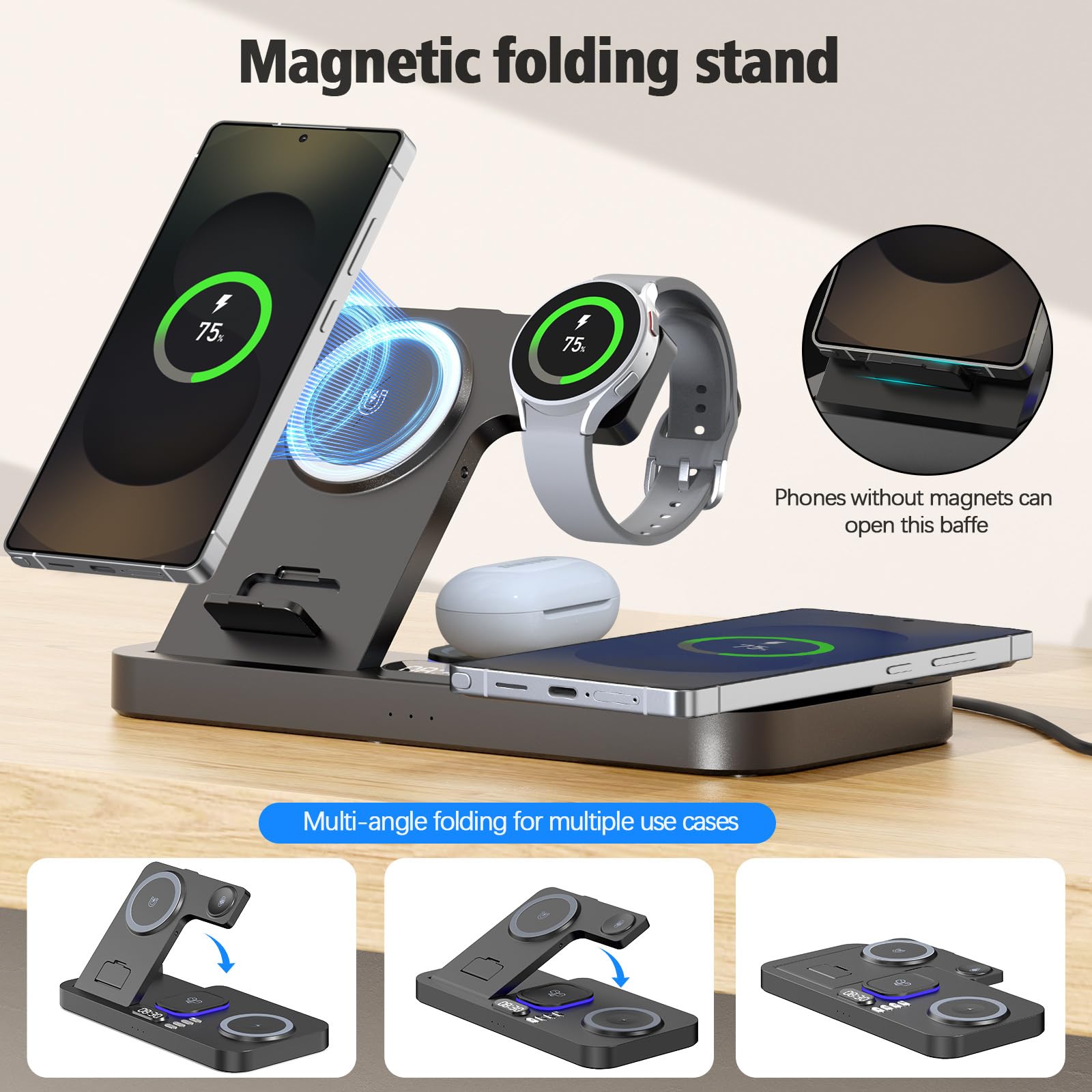 YiJYi watch charging view shows dedicated Samsung Watch compatibility on the stand.