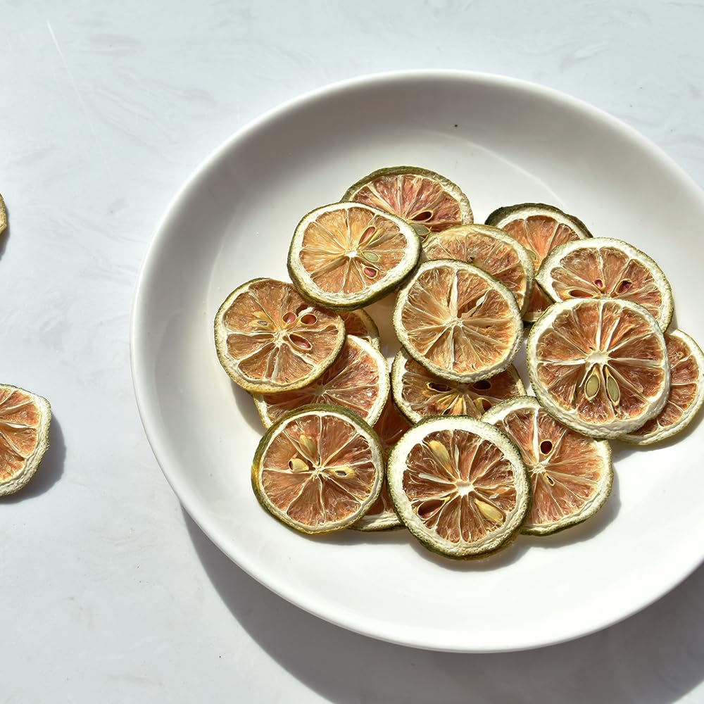 YiLing dried lime slices as an elegant garnish on a dessert plate.