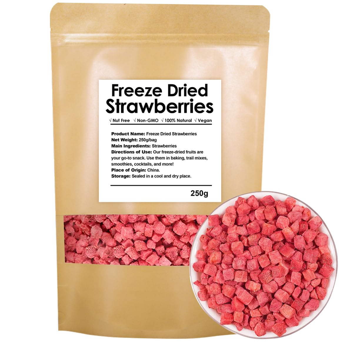 YiLing premium freeze-dried strawberries pieces in a 250g pack for snacking