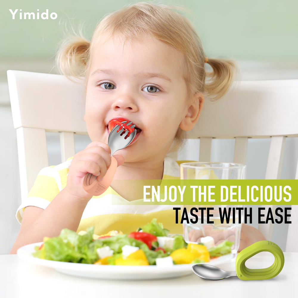 Yimido rounded-head spoon and fork for gentle mouth contact.