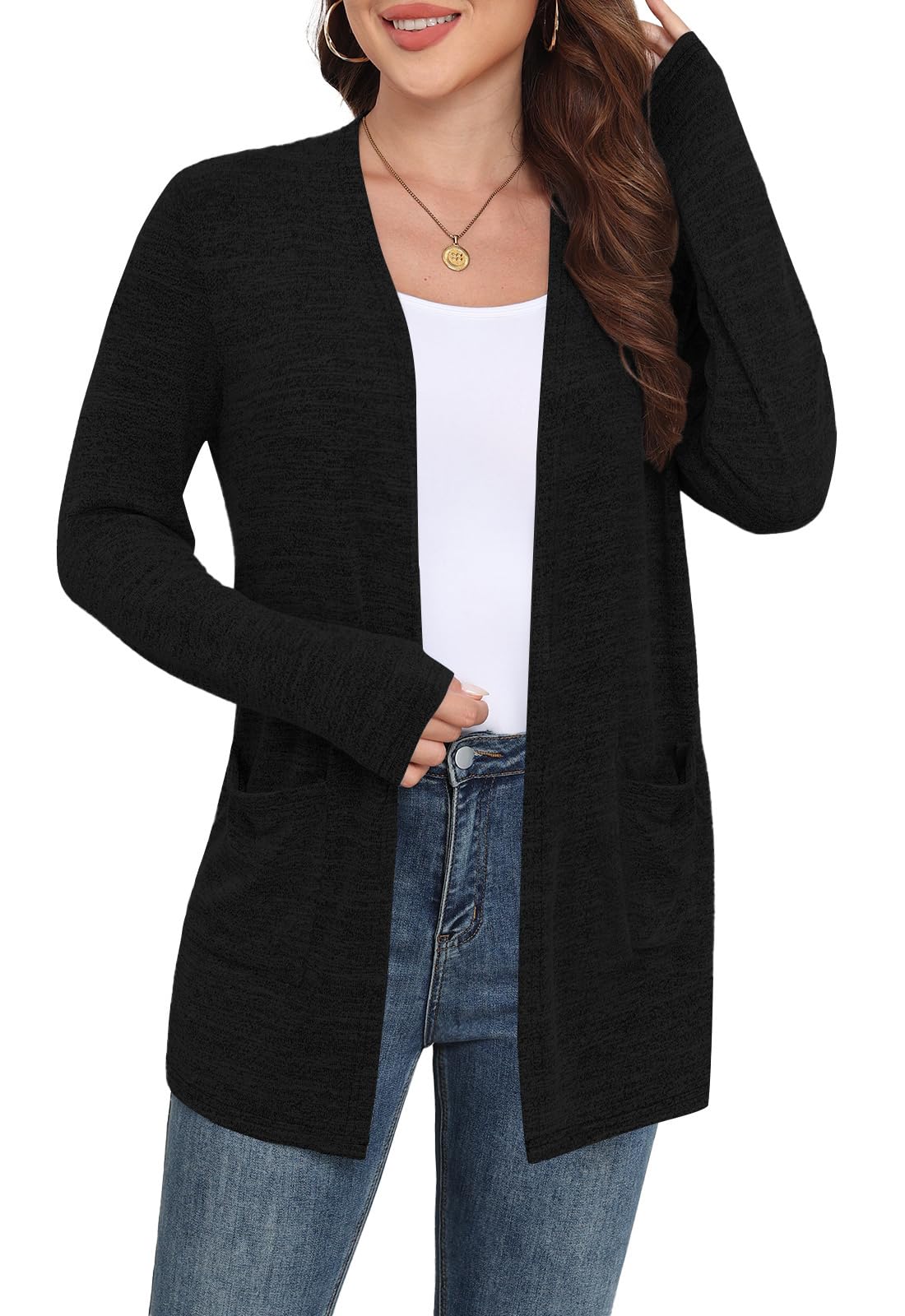 Yincro Women's long-sleeve cardigan in black pairs with outfits.