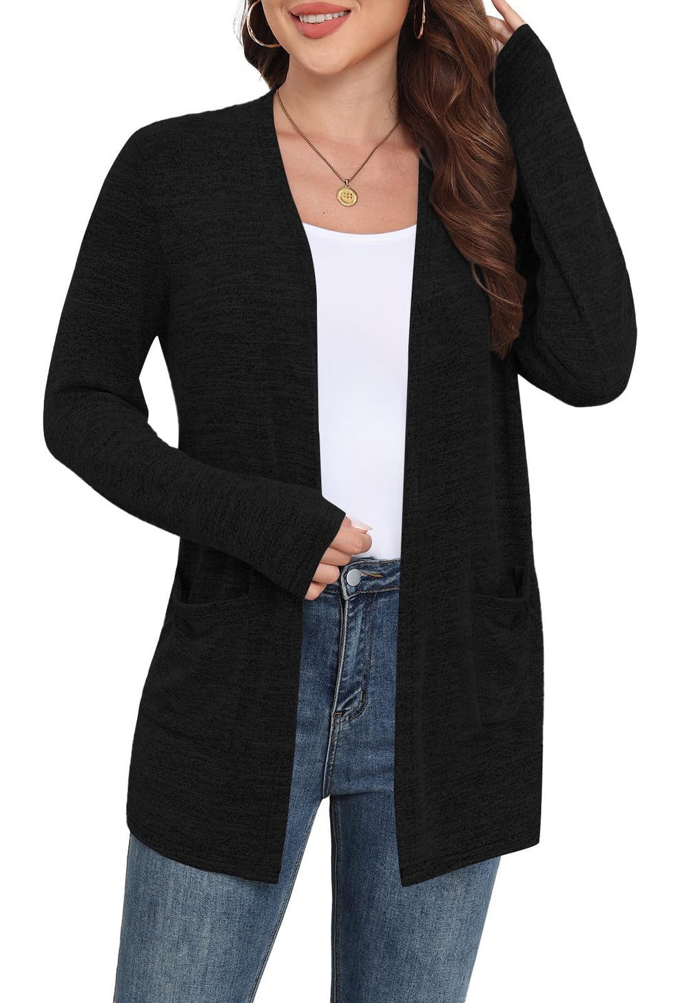 Yincro Women's long-sleeve cardigan in black pairs with outfits.