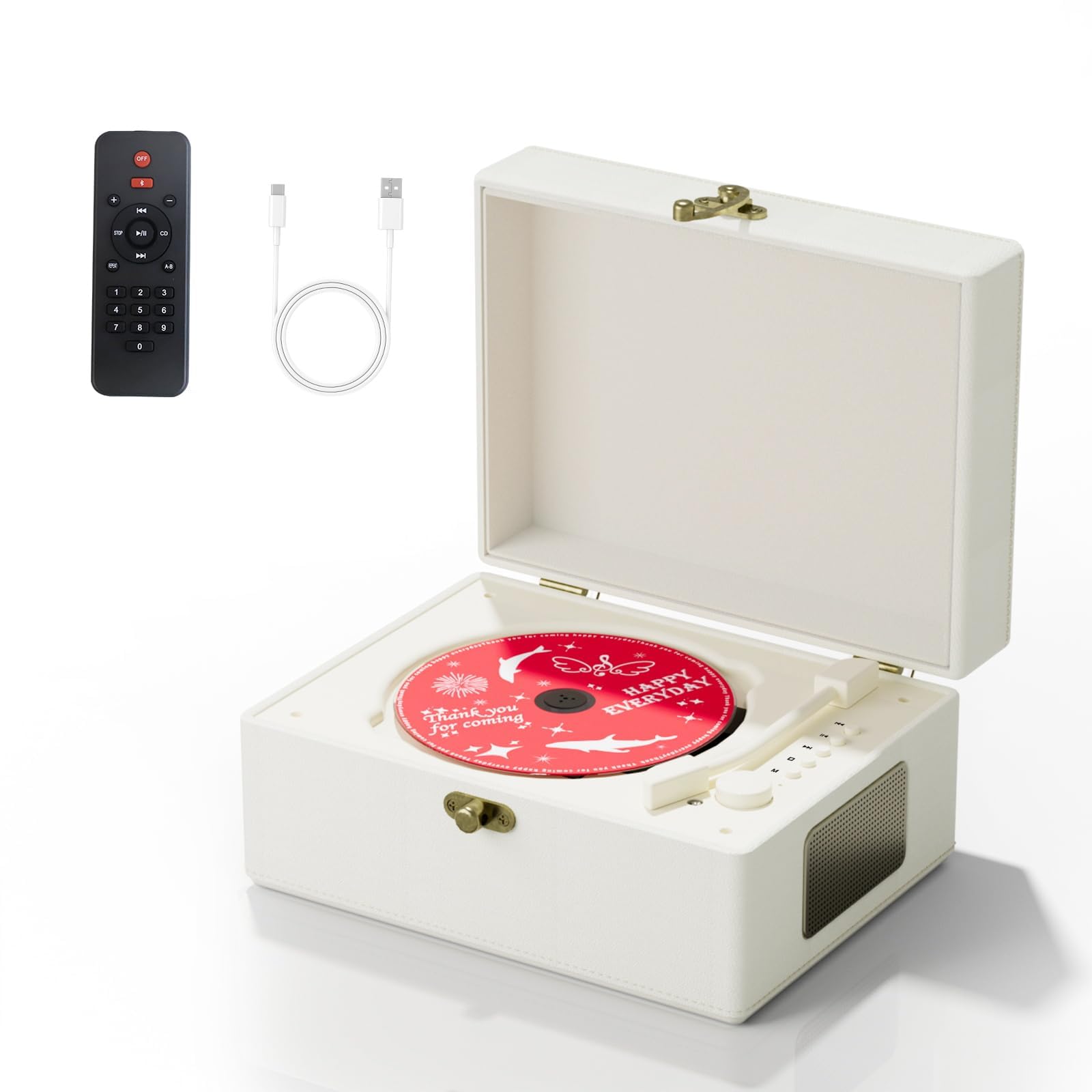 Yintiny rechargeable leather CD player front view on a table for compact home audio