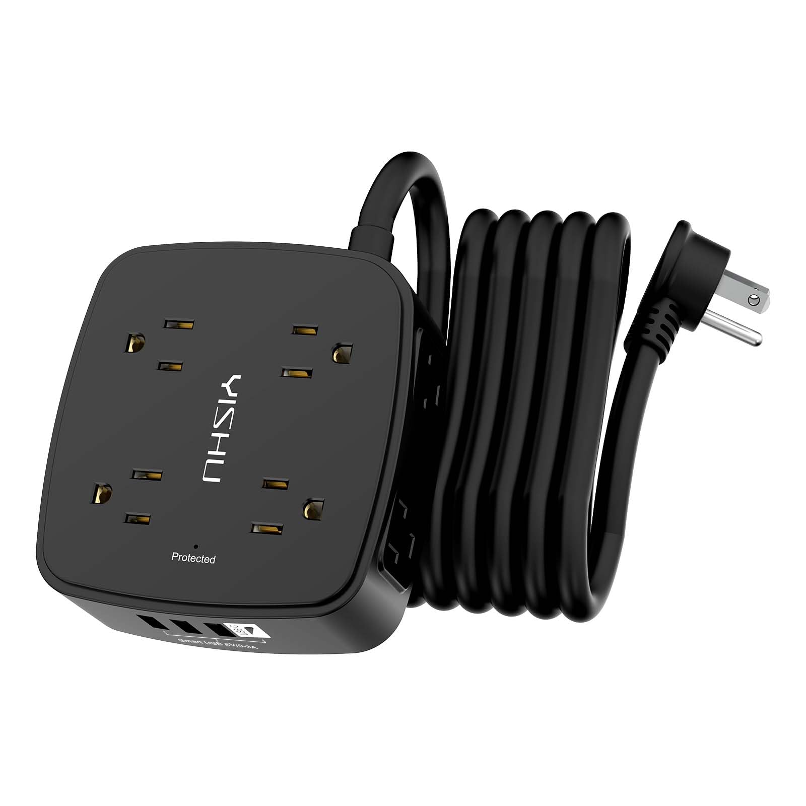 YISHU 10 ft surge protector power strip shows eight outlets for a full desk setup.