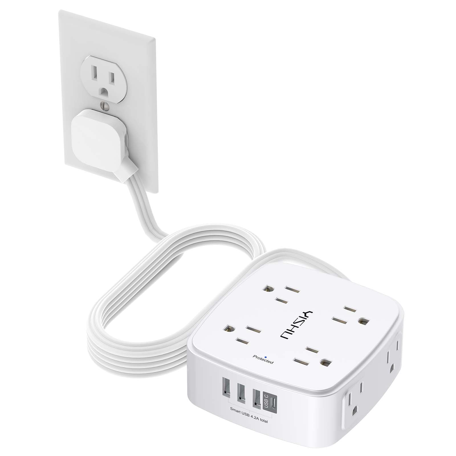 YISHU 10ft surge protector with eight outlets and four USB ports for versatile charging.