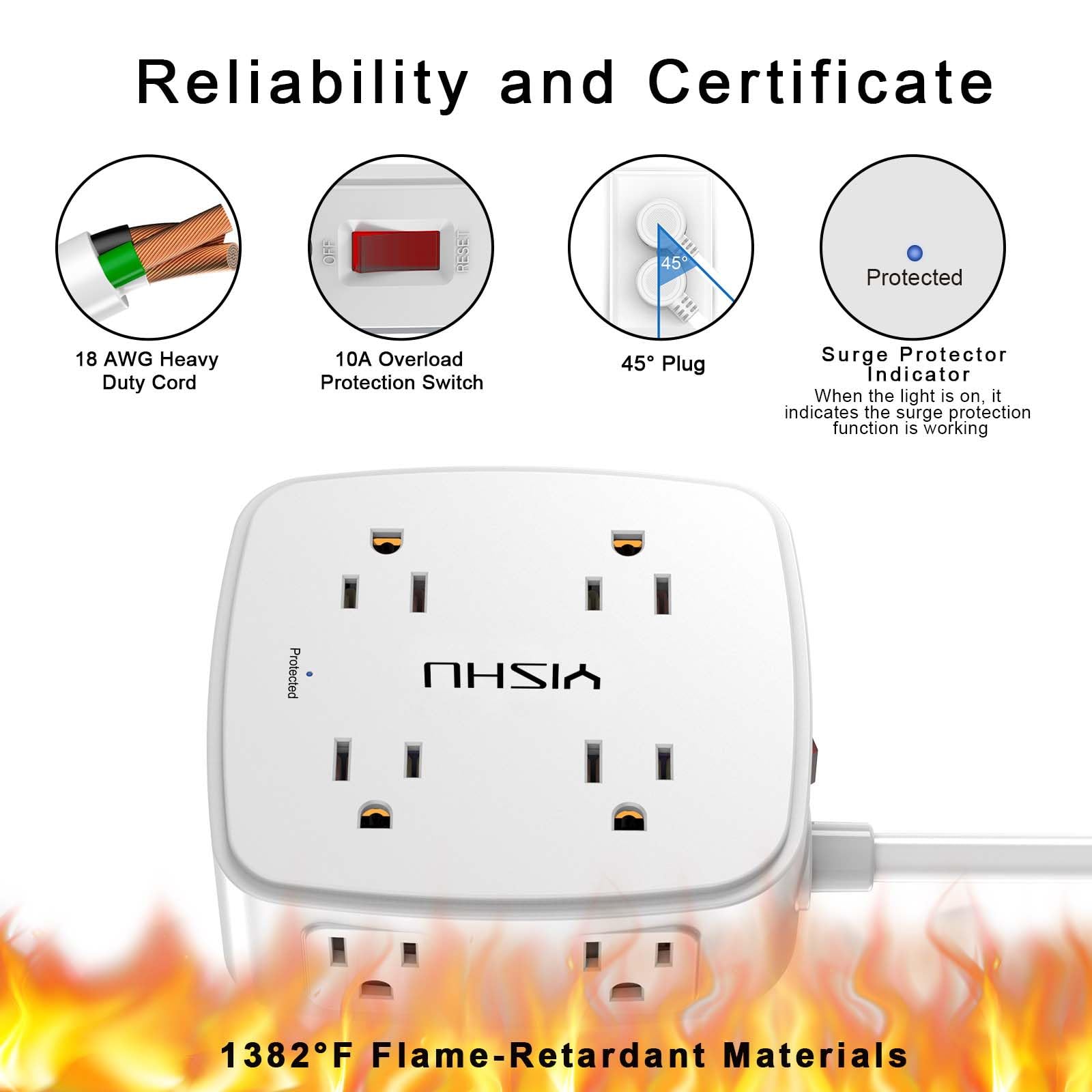 YISHU 6ft extension cord offers flexible placement and reach.