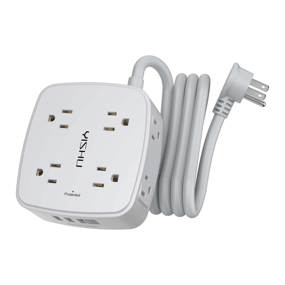 YISHU 6ft surge protector power strip with 8 outlets and USB ports for desk setups.
