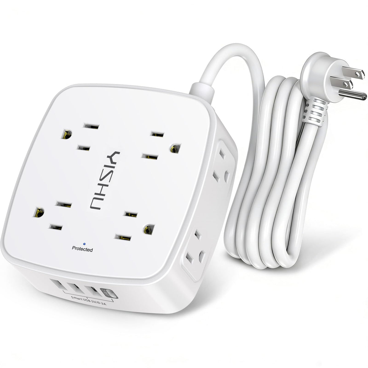 YISHU 6ft surge protector power strip with 8 outlets and 4 USB ports for clutter-free charging.