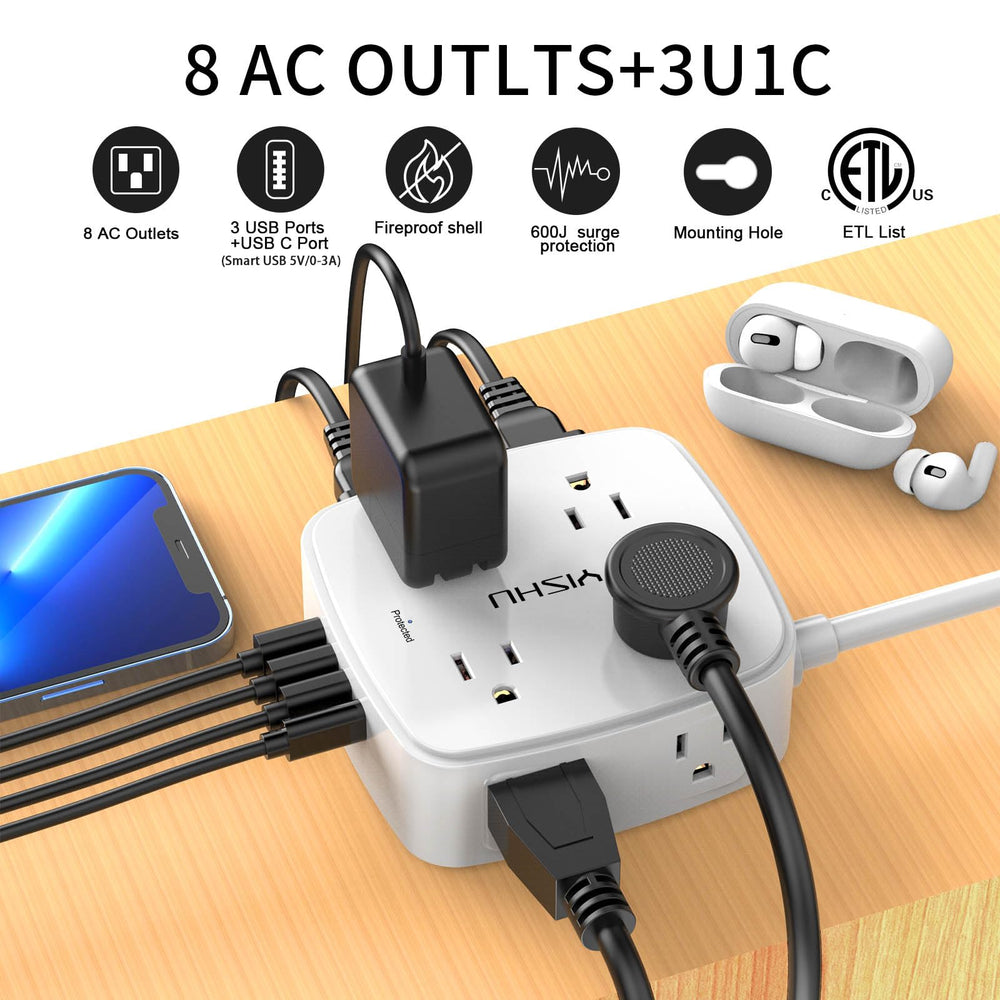 YISHU 8-wide-outlets surge strip for simultaneous device power without outlet crowding.