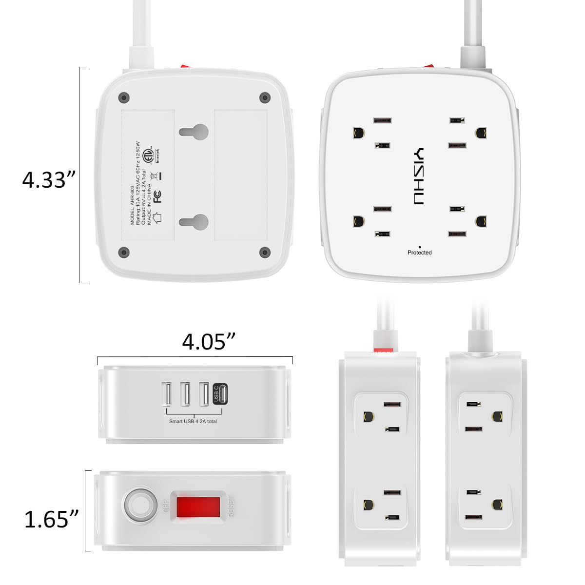 YISHU compact power strip ideal for dorms and home offices.