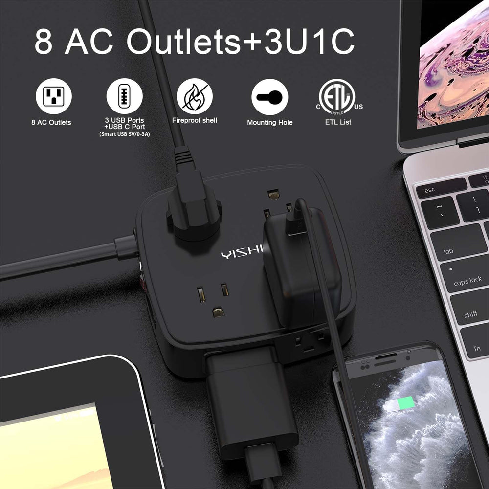 YISHU power strip highlights eight AC outlets and four USB ports for flexible charging.