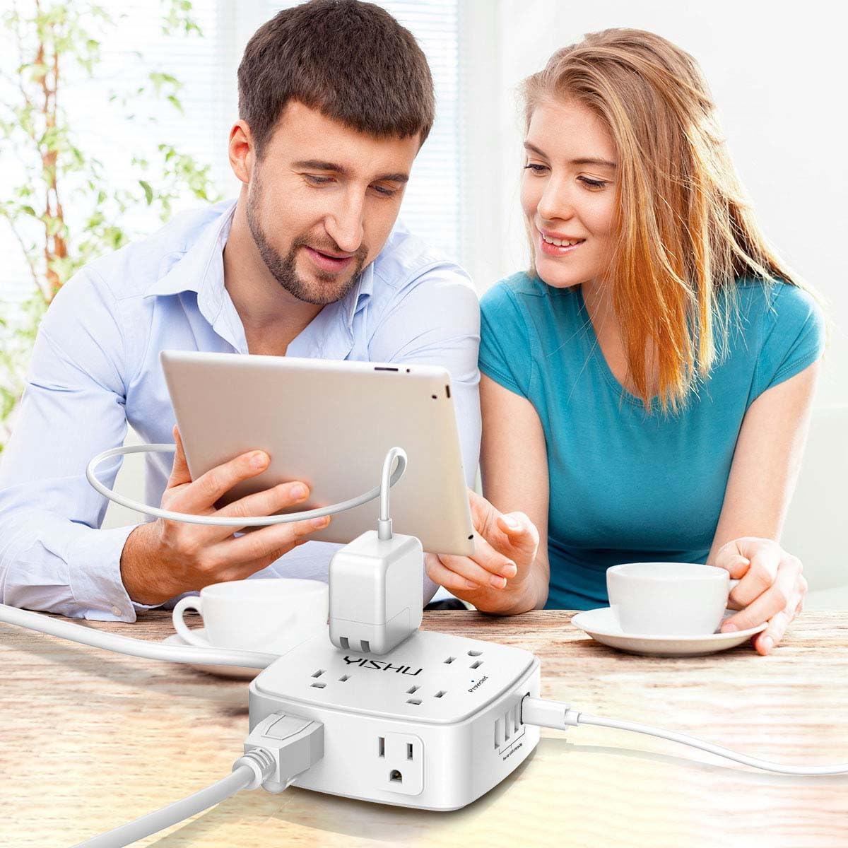 YISHU flat 45-degree plug fits tight spaces behind furniture.