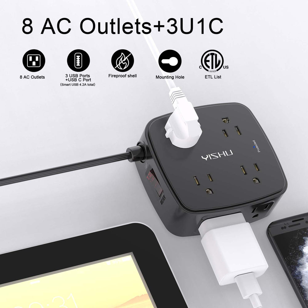 YISHU power strip with ultra-flat 6 ft plug and slim cord setup