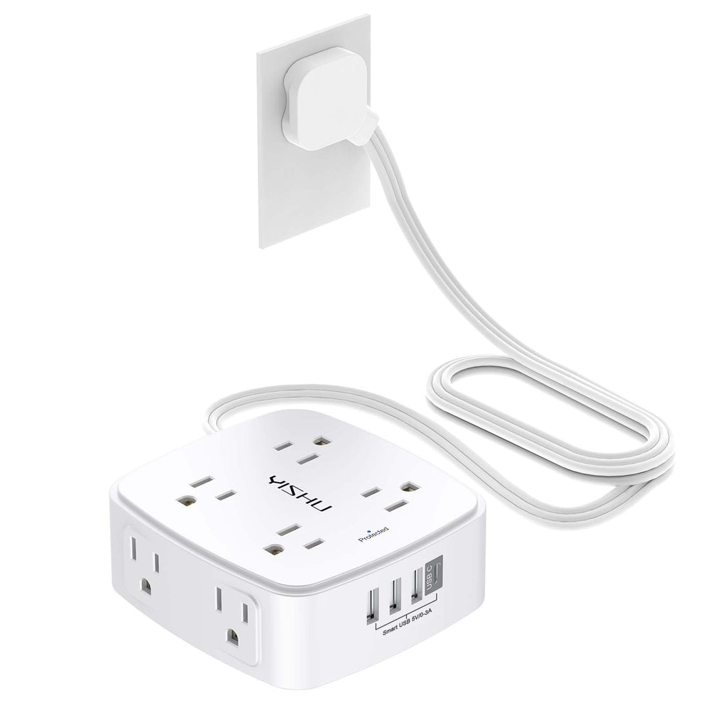 YISHU surge protector with eight outlets and four USB ports for versatile charging.